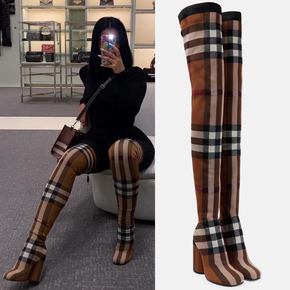 NIB Burberry 36 Anita Knit Check Over-the-Knee Thigh High Stretch Boots in Brown